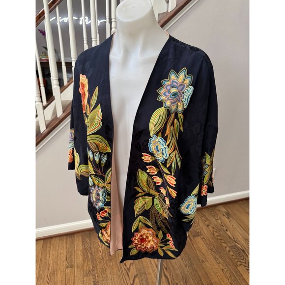ETRO Milano Silk Floral Print Open Front Kimono Jacket Black Multi OS - Picture 2 of 5